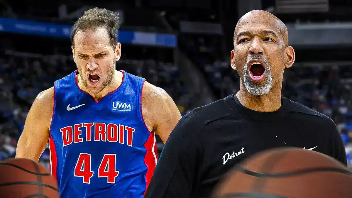 Bojan Bogdanovic and Monty Williams with the Pistons arena in the background, trade