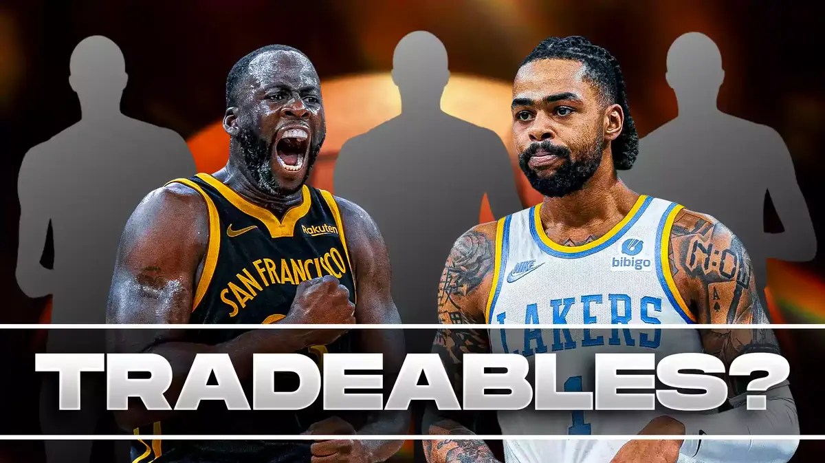Draymond Green, D’Angelo Russell, and three mystery players all beside each other with the NBA wallpaper in the background.