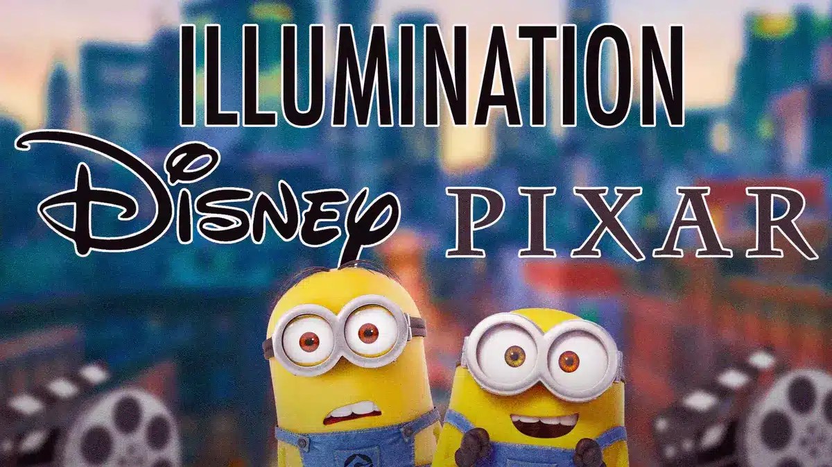 Illumination, Disney, and Pixar logos with Minions from Despicable Me.