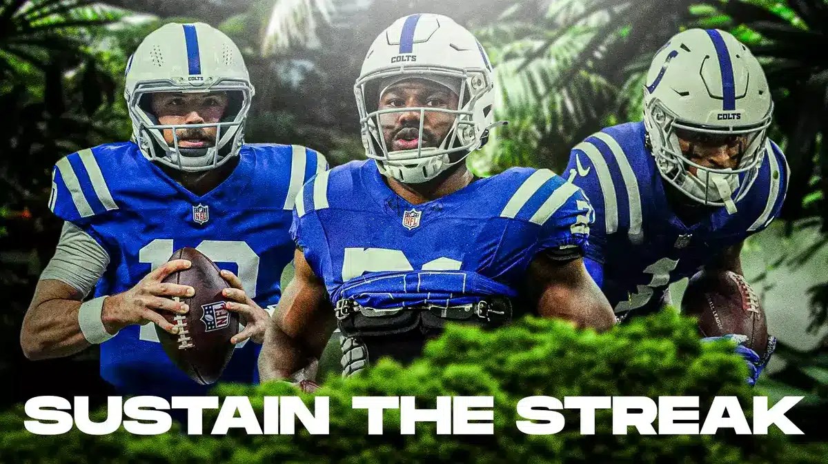 Gardner Minshew, Zack Moss, Josh Downs all beside each other with the jungle in the background.