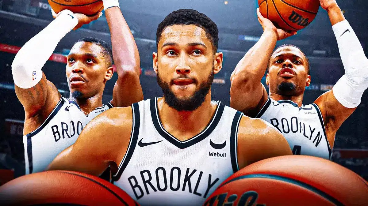 Ben Simmons in middle, Lonnie Walker IV and Dennis Smith Jr. on either side, BK Nets logo, basketball court in background