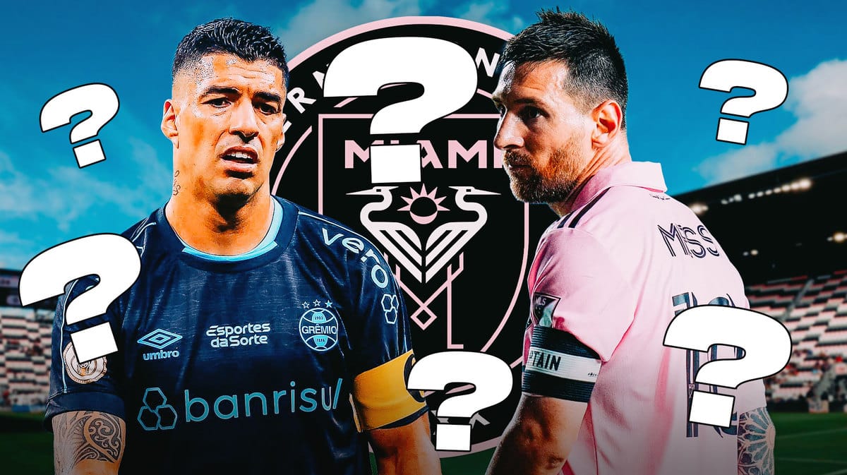 Lionel Messi and Luis Suarez in front of the Inter Miami logo, questionmarks in the air