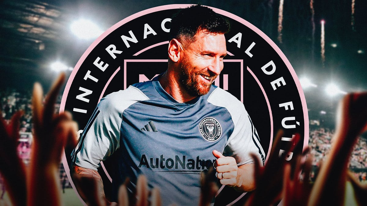 Lionel Messi in front of the Inter Miami logo