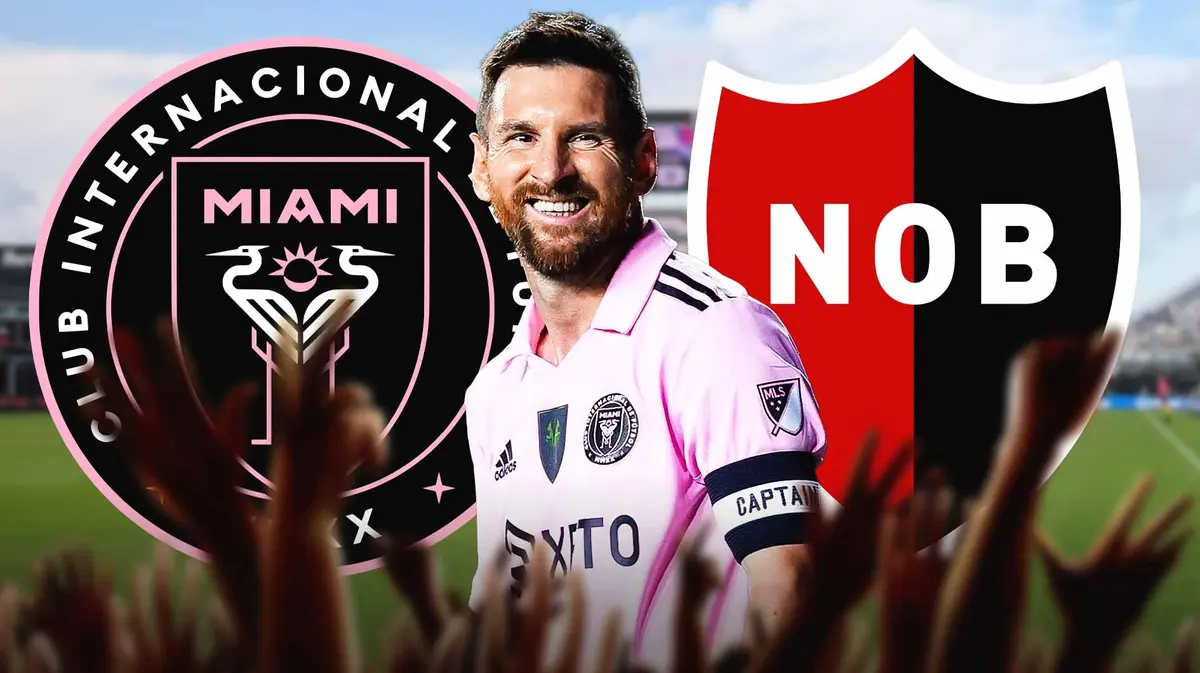 Lionel Messi smiling in front of the Inter Miami and Newell’s Old Boys logos
