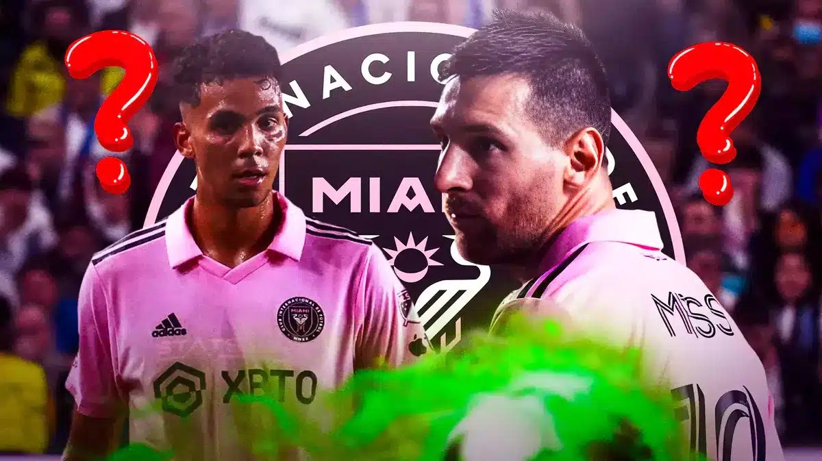 Ian Fray and Lionel Messi in front of the Inter Miami logo, questionmarks in the air
