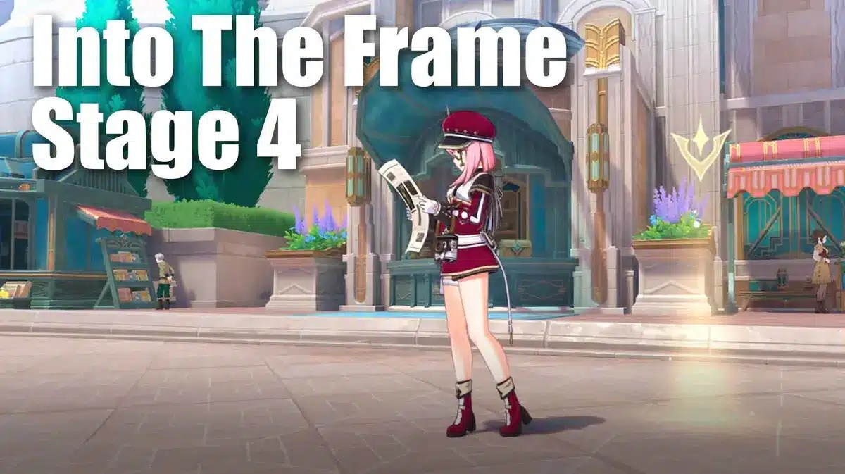 into the frame stage 4, into the frame, into the frame guide, genshin impact event, genshin impact, a screenshot of Charlotte with the words into the frame Stage 4 in the corner