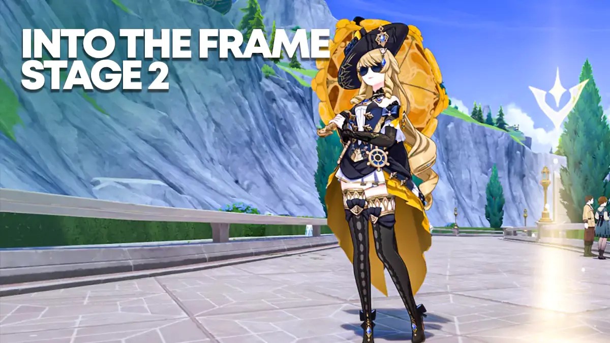 into the frame stage 2, into the frame, into the frame guide, genshin impact event, genshin impact, a screenshot of navia with the words into the frame Stage 2 in the corner
