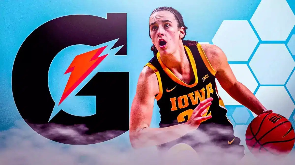 Iowa women’s basketball player Caitlin Clark in her Iowa uniform, with the Gatorade logo
