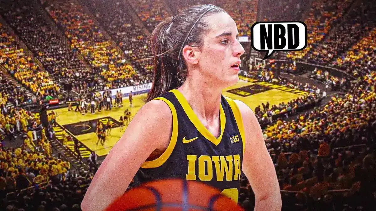 Iowa women’s basketball player Caitlin Clark, with a text bubble saying “NBD”