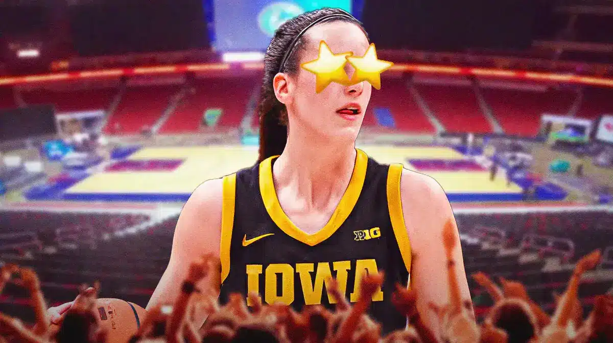 Iowa women’s basketball player Caitlin Clark, at Well Fargo Arena in Des Moines, Iowa, with stars in eyes