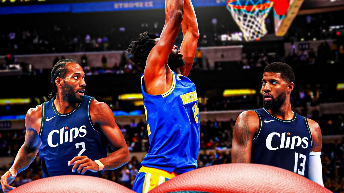 Warriors' Andrew Wiggins dunking a basketball in middle. Place Clippers' Kawhi Leonard on his left, Clippers' Paul George on his right.