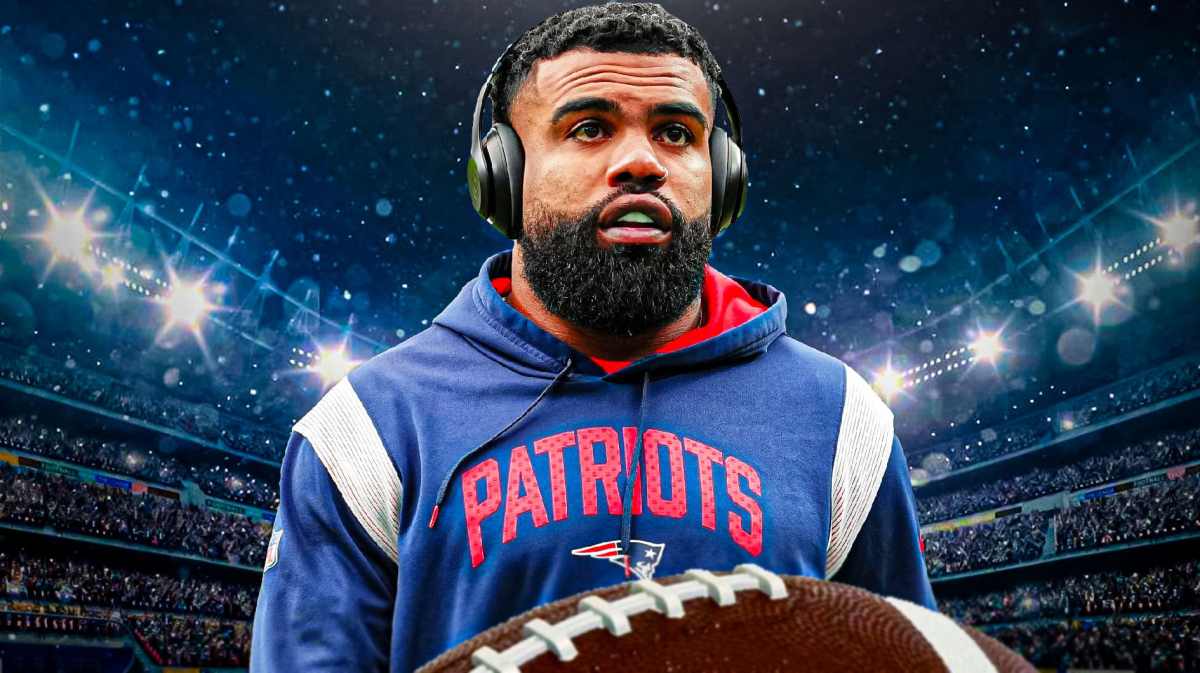 Patriots running back Ezekiel Elliott in the foreground.