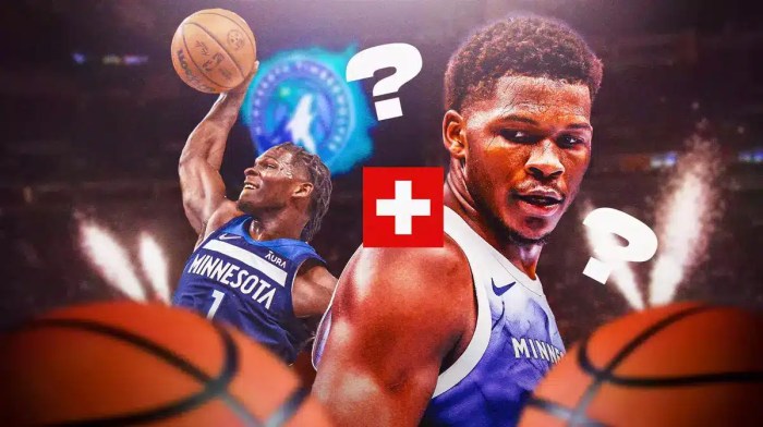 Timberwolves' Anthony Edwards dunking on the side, with picture of him looking sad on the side, with red medical cross and question marks all over
