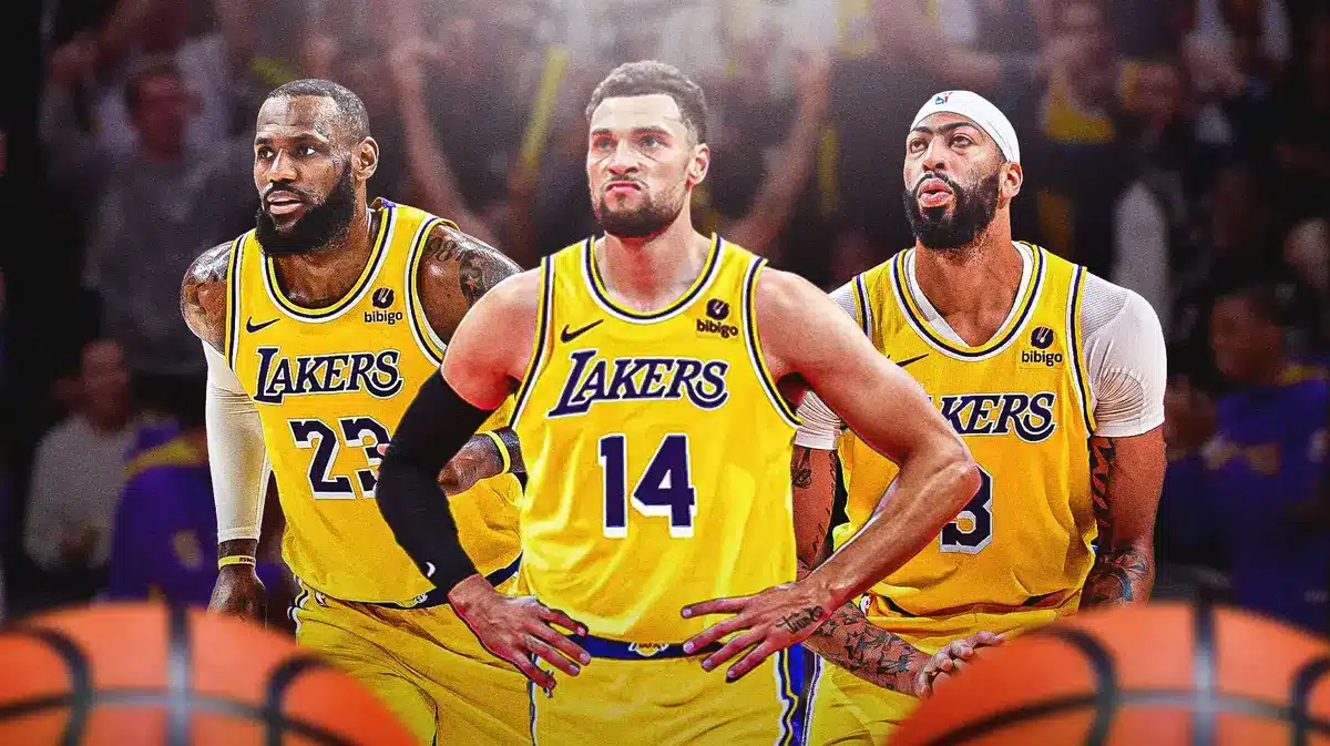 Zach LaVine in Lakers uniform next to LeBron James and Anthony Davis