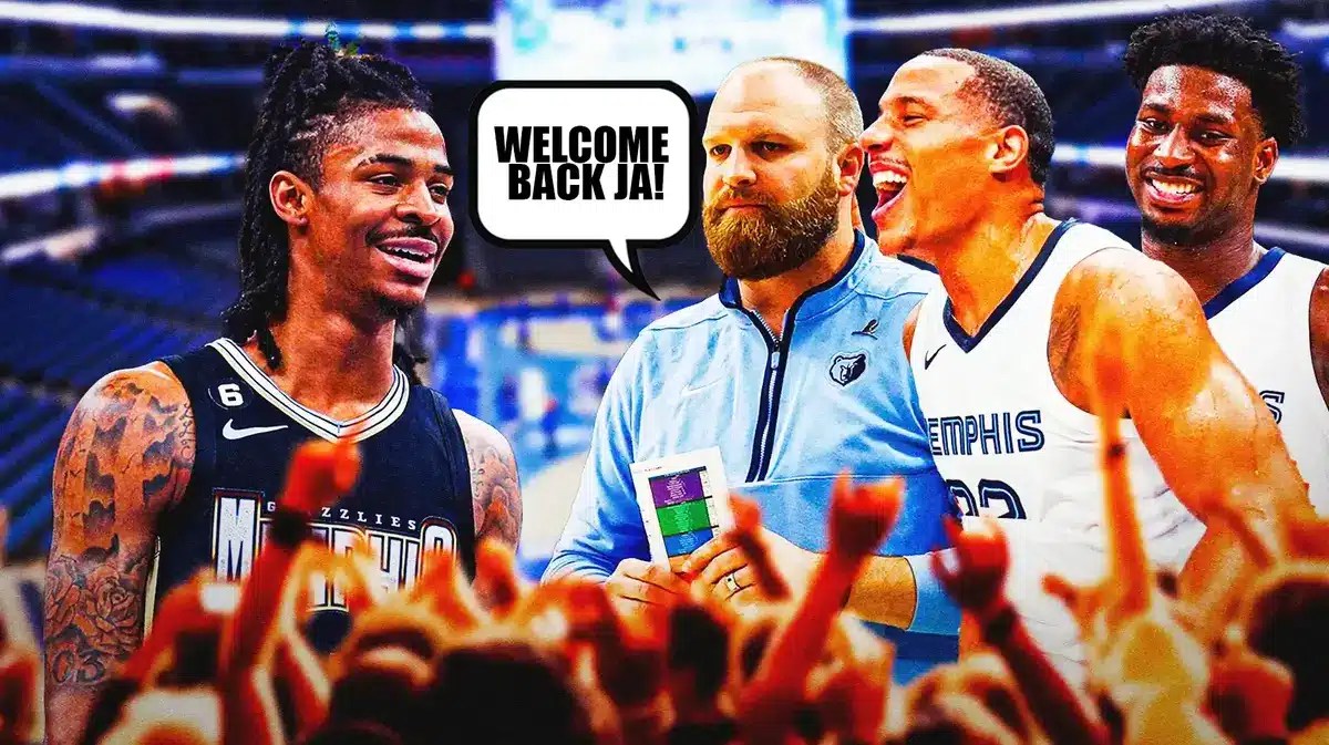 Taylor Jenkins, Desmond Bane and Jaren Jackson Jr. welcoming Ja Morant back from his suspension