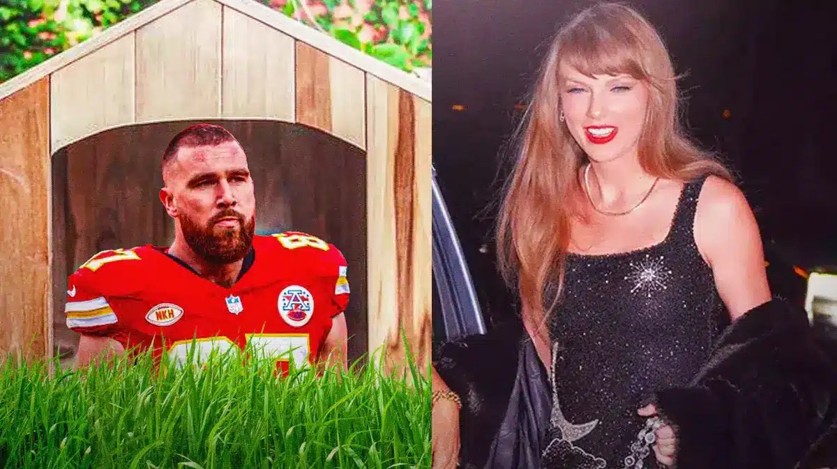 Travis Kelce in a literal doghouse alongside a pic of Taylor Swift celebrating her birthday