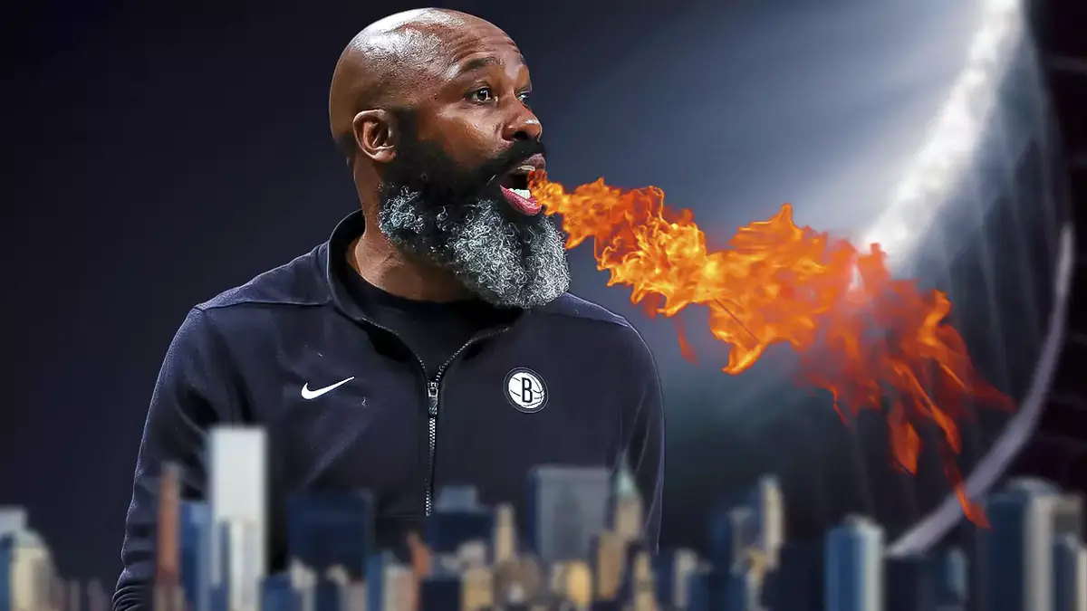 Nets coach Jacque Vaughn with fire coming out his mouth