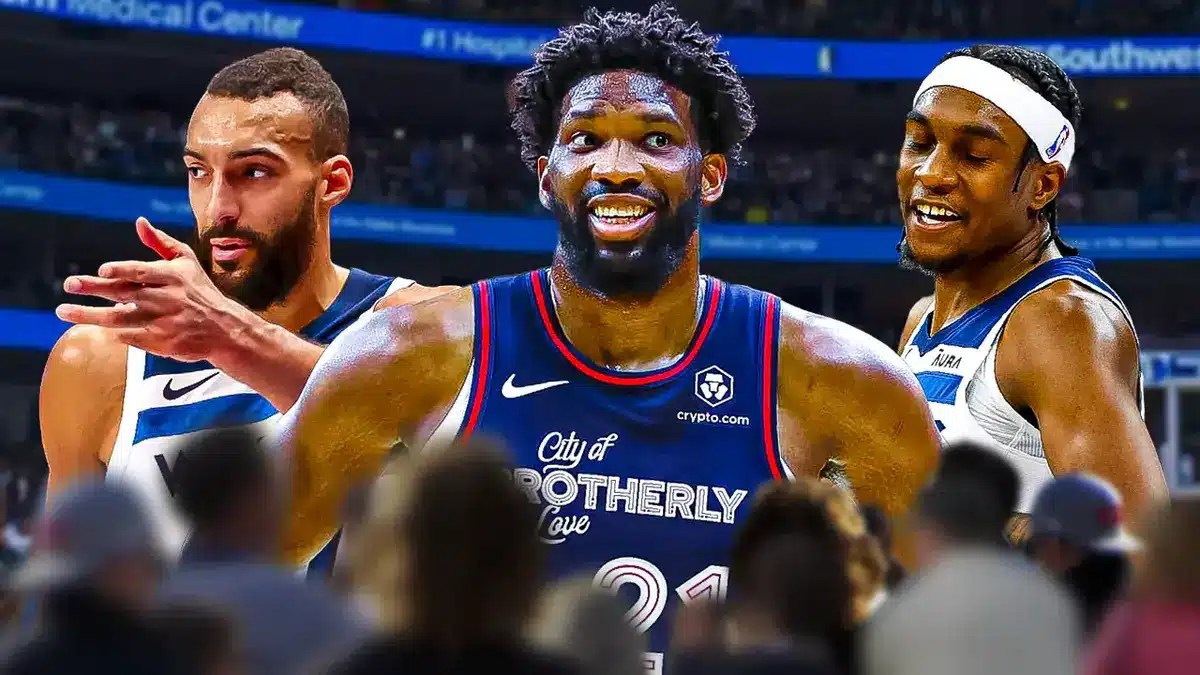 Joel Embiid happy, Jaden McDaniels flexing and Rudy Gobert complaining.