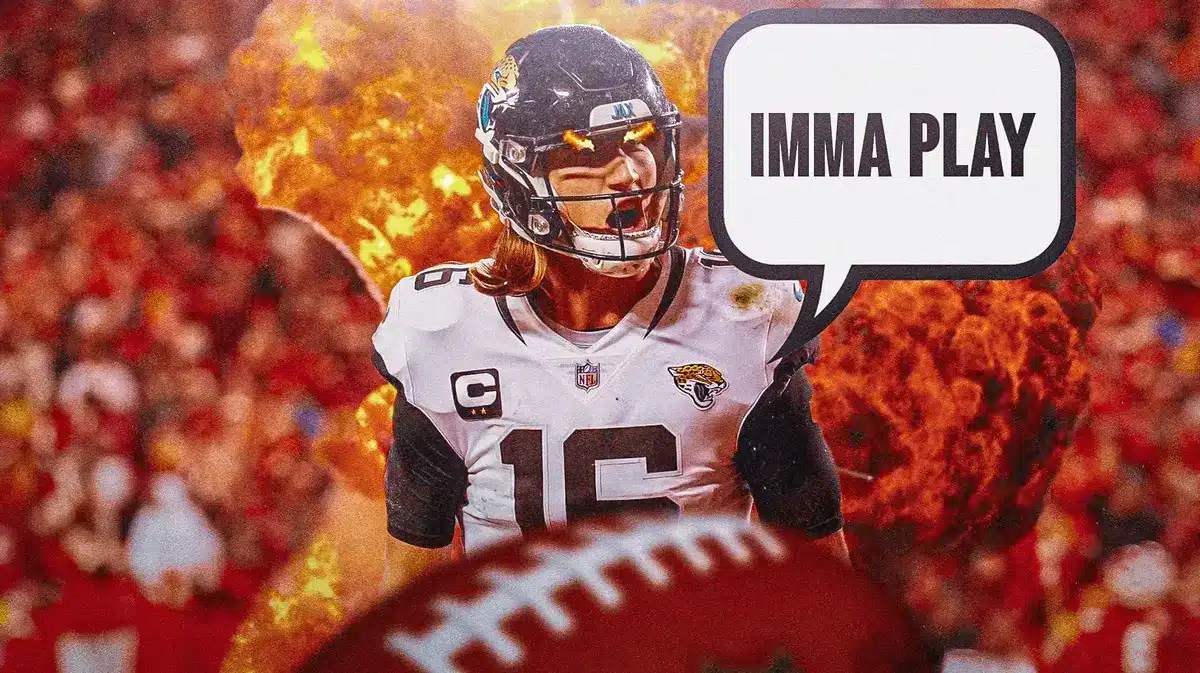 Trevor Lawrence in the middle with fire in his eyes 🔥 with Explosions in the background.
