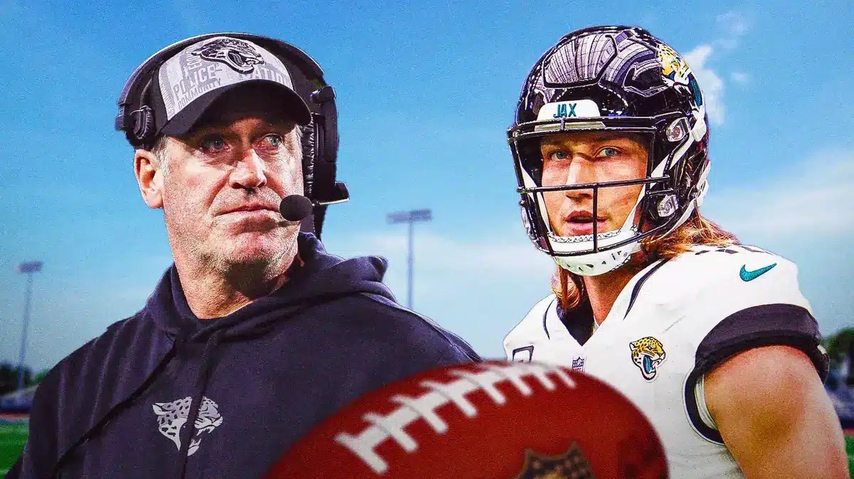 Jaguars QB Trevor Lawrence looking worried and then Jaguars HC Doug Pederson looking concerned.