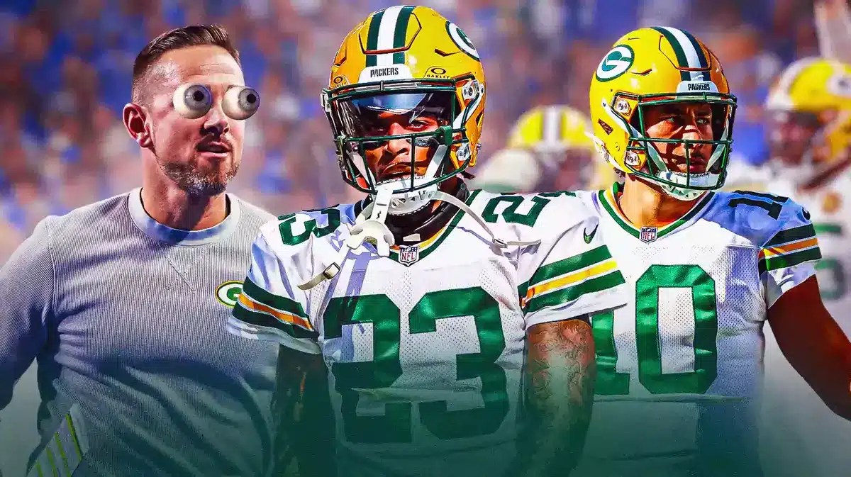 Packers' Jaire Alexander looking serious. Packers' Jordan Love, Packers' Matt LaFleur with eyes popping out looking at Alexander.