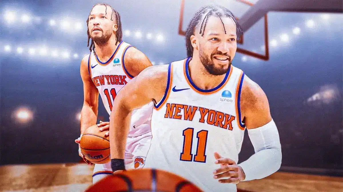 Knicks' Jalen Brunson in front smiling. In background, Knicks' Jalen Brunson shooting a basketball.
