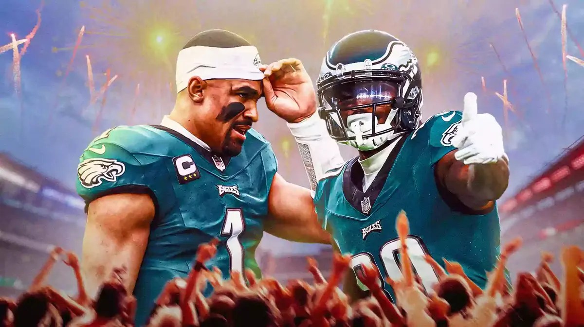 Philadelphia Eagles' Jalen Hurts and Julio Jones and fireworks in background as celebration.