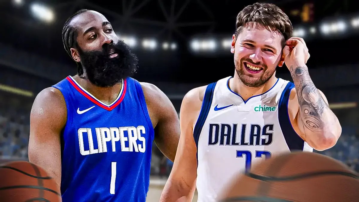 James Harden beside a smiling Luka Doncic