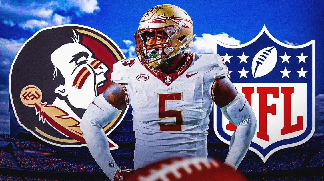 Photo: Jared Verse in FSU uniform with FSU logo and NFL logo in the background
