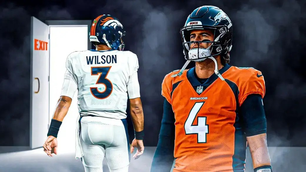 Jarrett Stidham watching Russell Wilson head out an exit door Denver Broncos