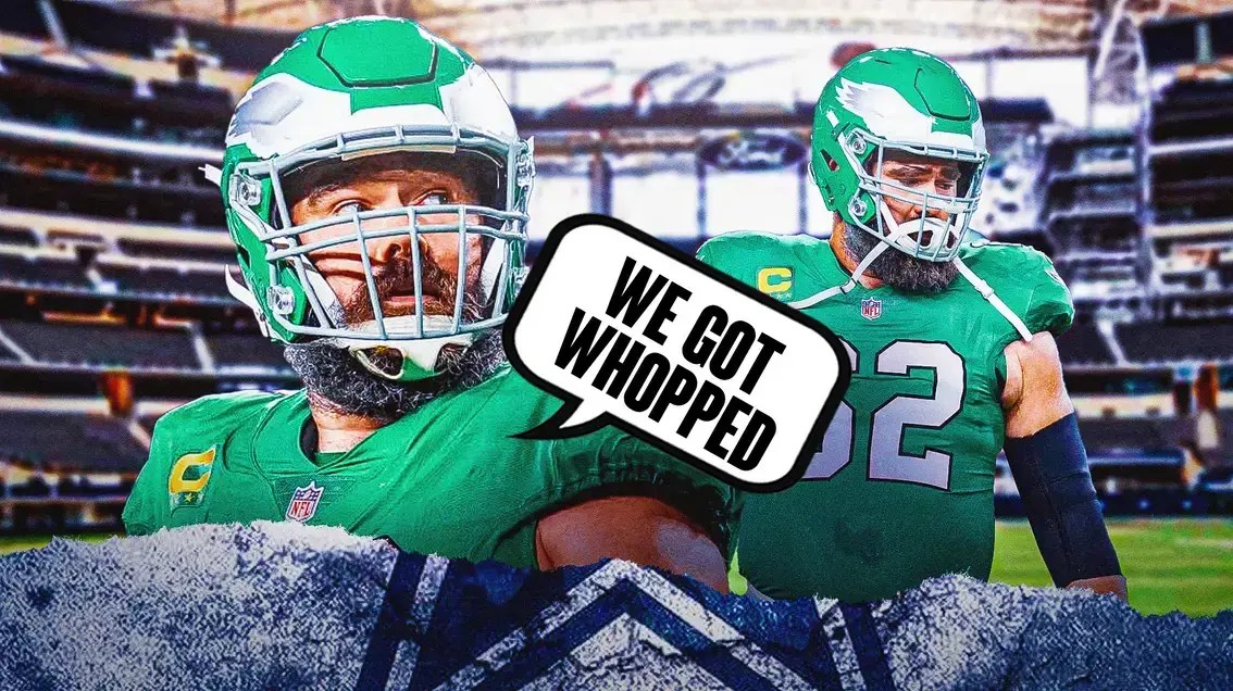 Jason Kelce with Cowboys stadium in the background saying “we got whopped”
