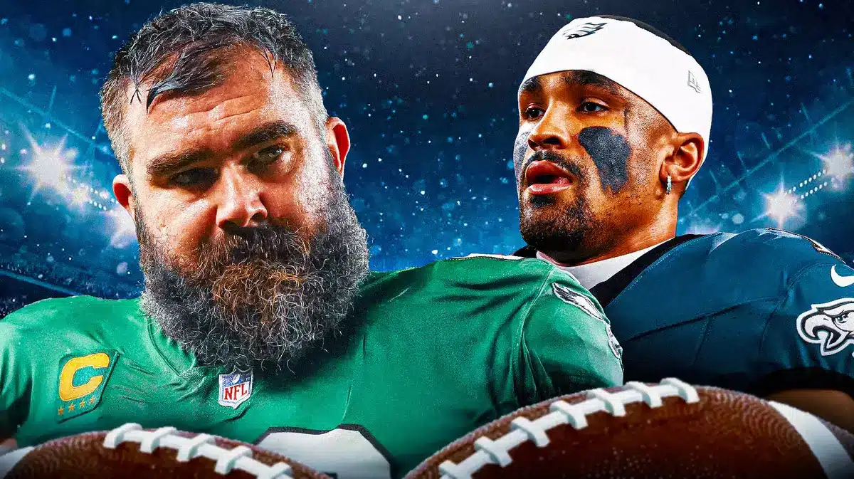 Photo: Jason Kelce and Jalen Hurts in Eagles uniform with Eagles fans in the back