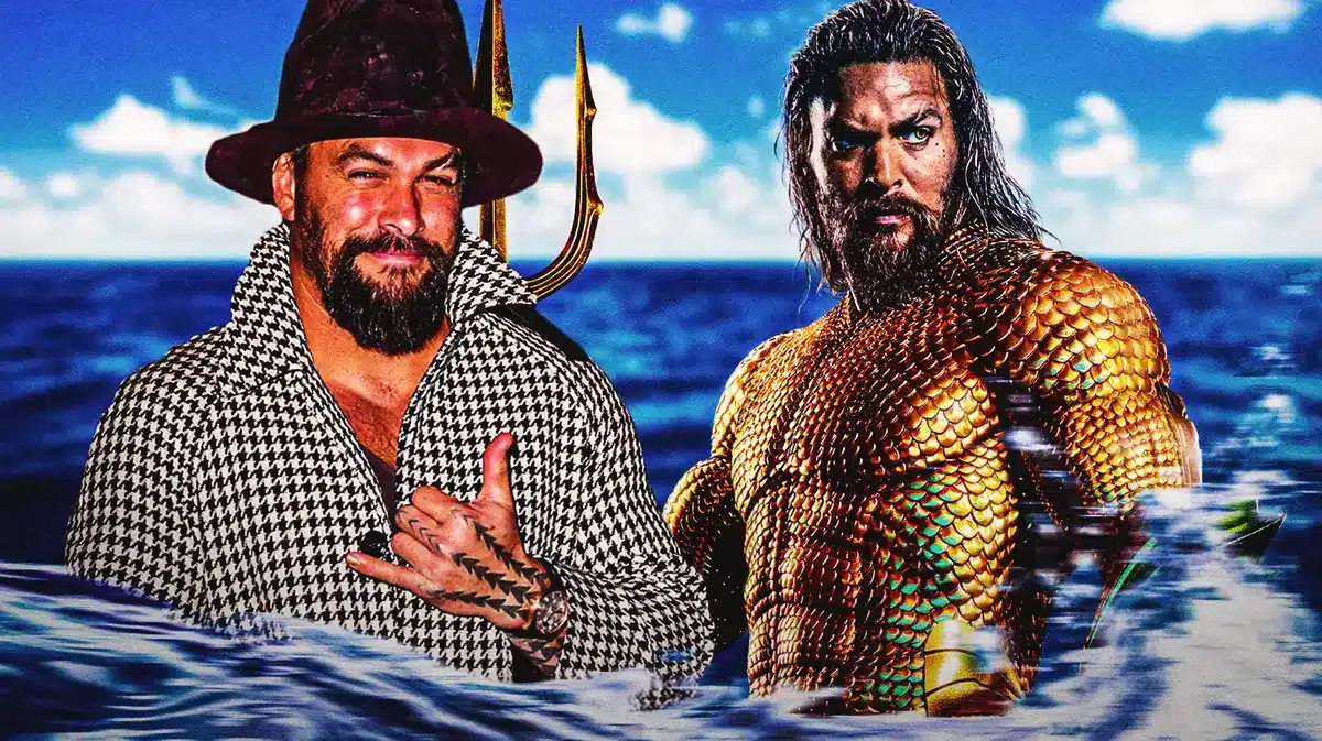 Jason Momoa next to Aquaman with water background.