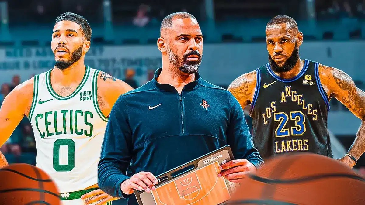 : Jayson Tatum next to Ime Udoka and Lebron James (in a Lakers jersey) all looking serious on a basketball court background