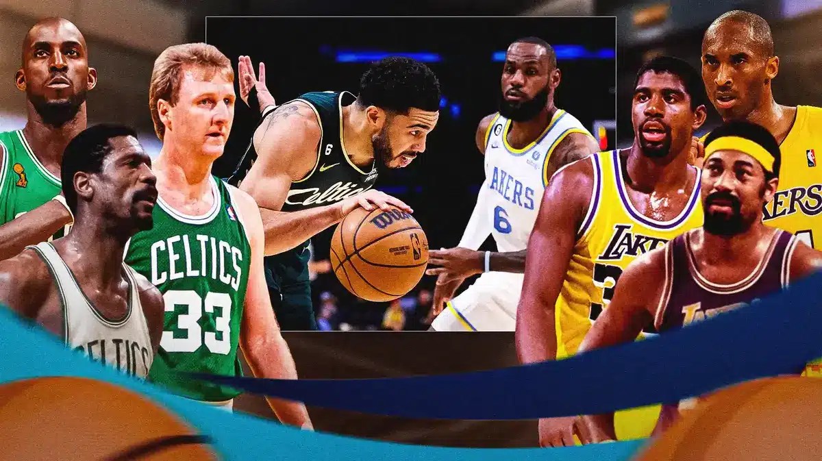 Celtics and Lakers greats of past and present, including Jayson Tatum and LeBron James
