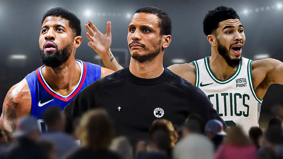 Celtics Joe Mazzulla and Jayson Tatum with Clippers Paul George