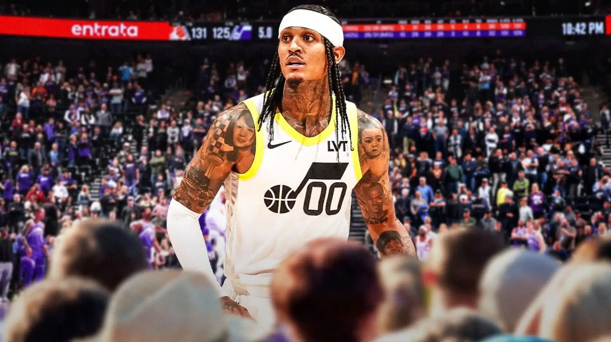Jordan Clarkson with the Jazz arena in the background