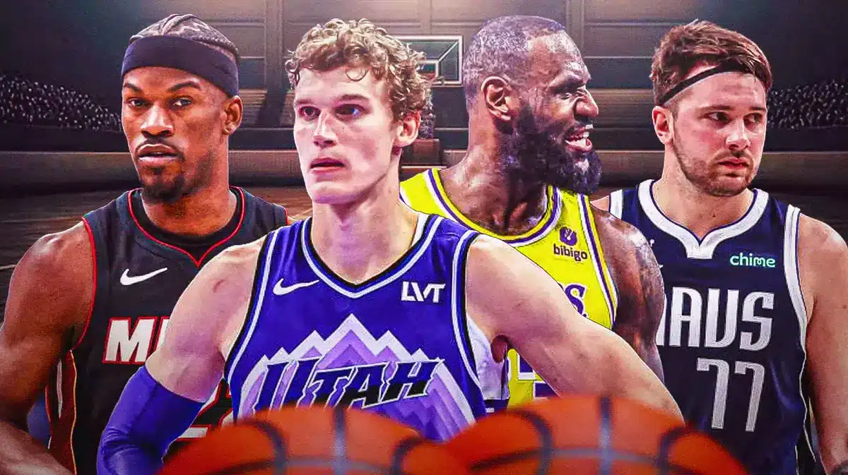 Jazz’s Lauri Markkanen close-up image looking serious. Lakers' LeBron James, Heat’s Jimmy Butler, Mavs' Luka Doncic in background.
