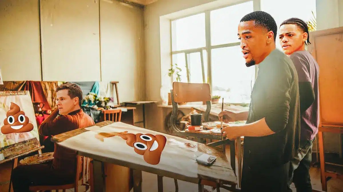 Jazz’s John Collins, Keyonte George, and Will Hardy painting poop emojis on a canvas