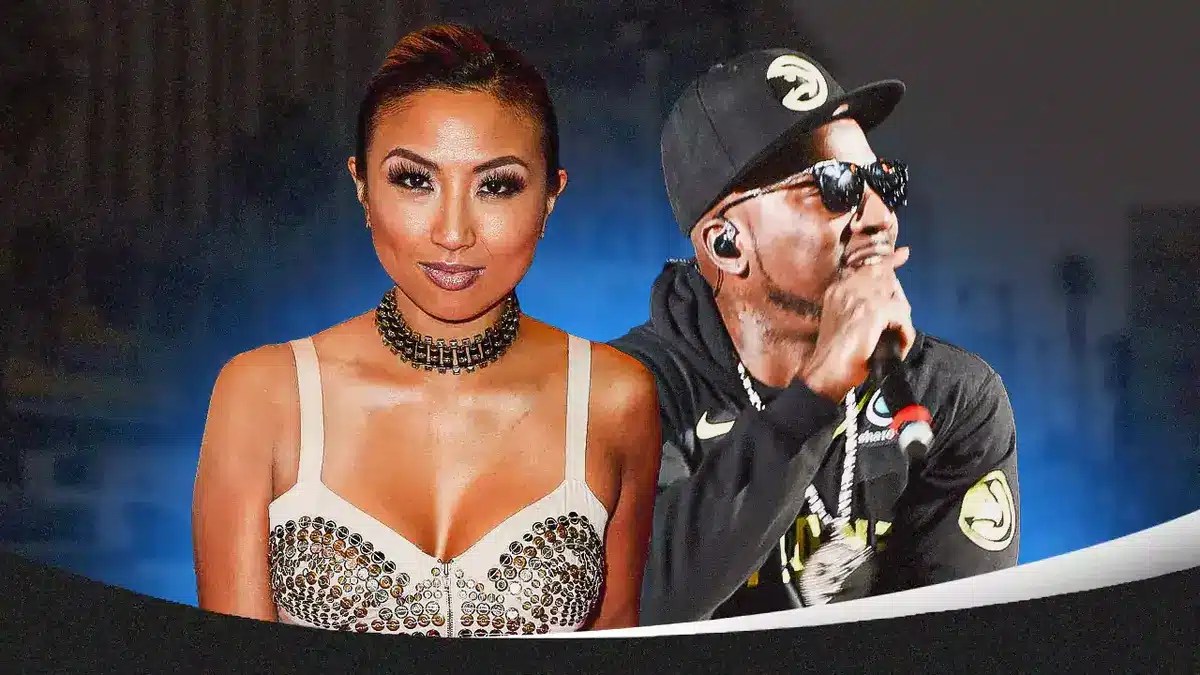 Jeannie Mai and Jeezy with a city behind them