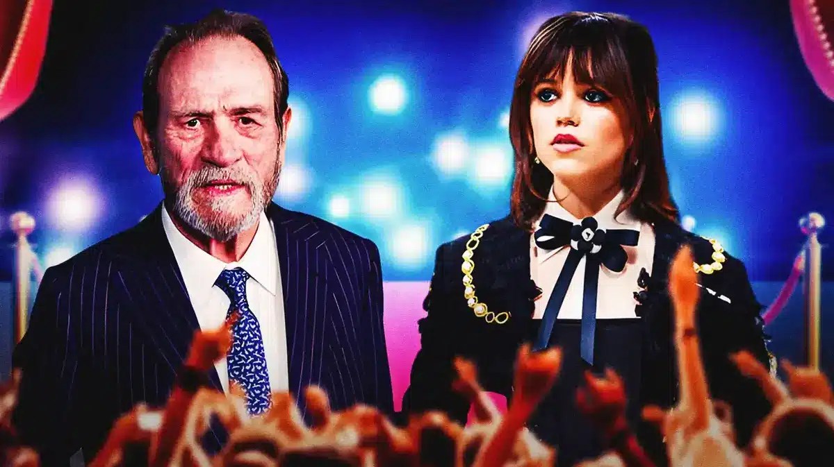 Tommy Lee Jones and Jenna Ortega with red carpet background.