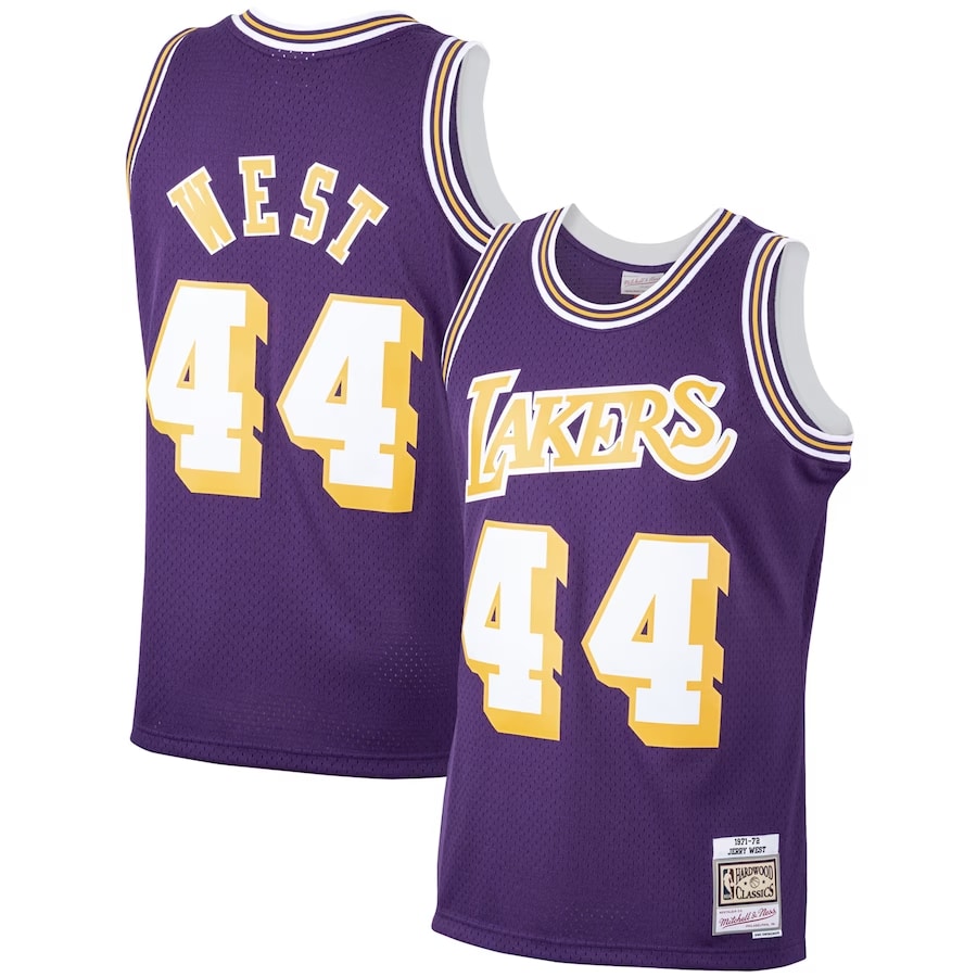 Jerry West Los Angeles Lakers Mitchell & Ness Hardwood Classics Swingman Jersey - Purple color on a white background.