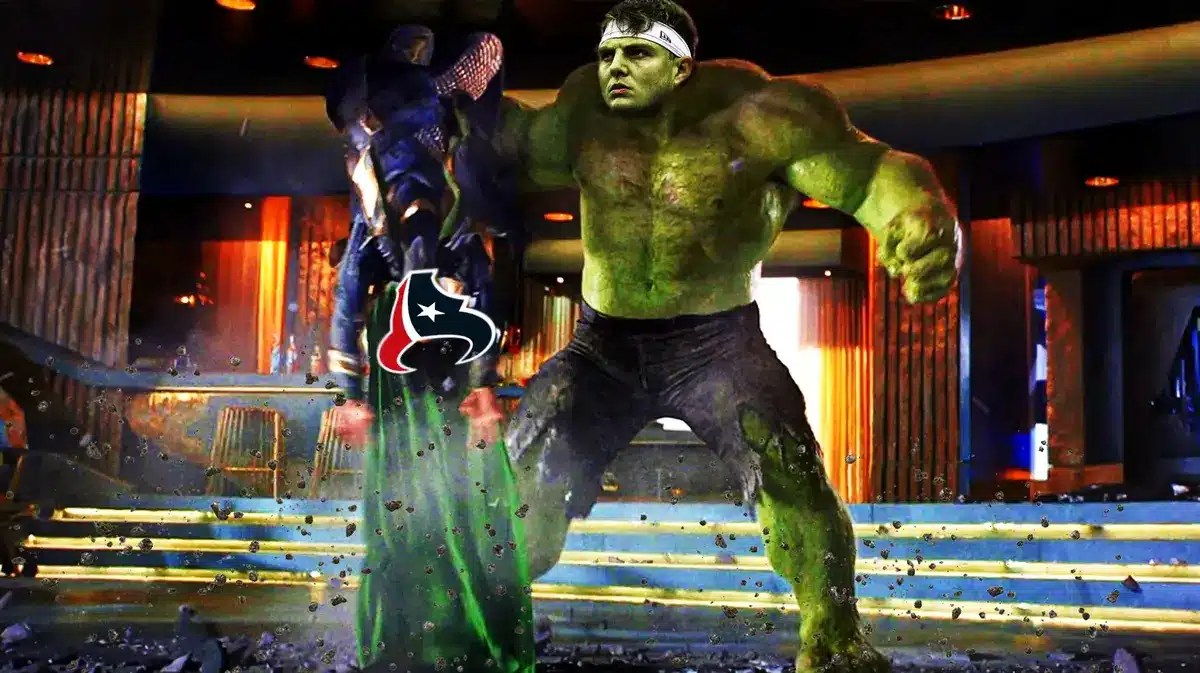 Zach Wilson as Hulk. Texans logo on Loki’s face