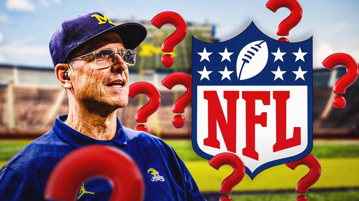 Michigan football coach Jim Harbaugh on left, NFL Logo on right.