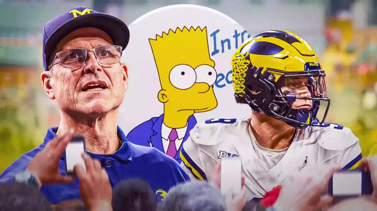 Michigan football Jim Harbaugh and JJ McCarthy with The Simpsons