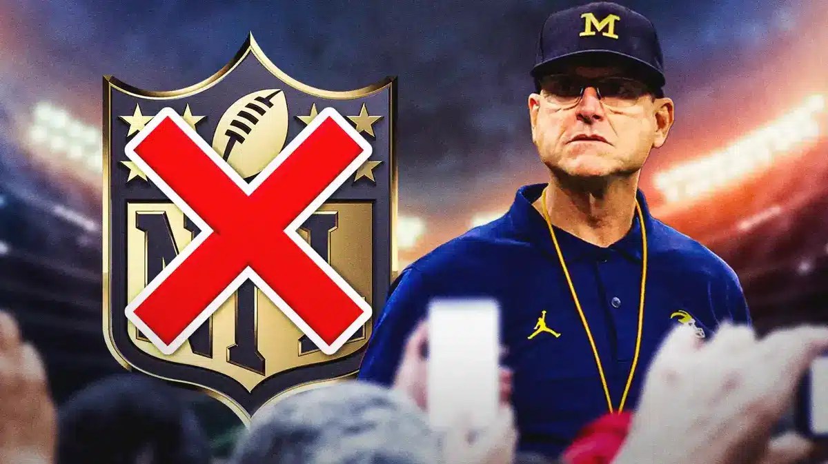Michigan football coach Jim Harbaugh next to an NFL logo.
