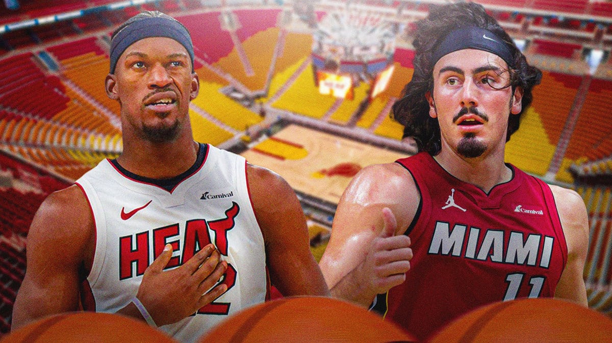 Miami Heat stars Jimmy Butler and Jaime Jaquez Jr.in front of the Kaseya Center.