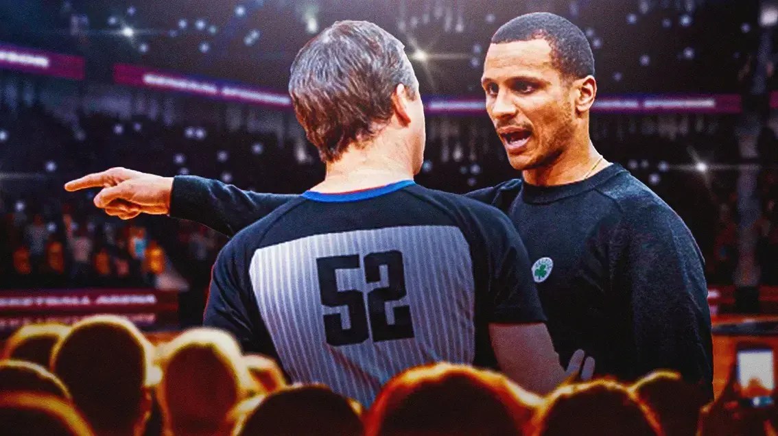 Celtics coach Joe Mazzulla talking with NBA refs in win over Cavs.
