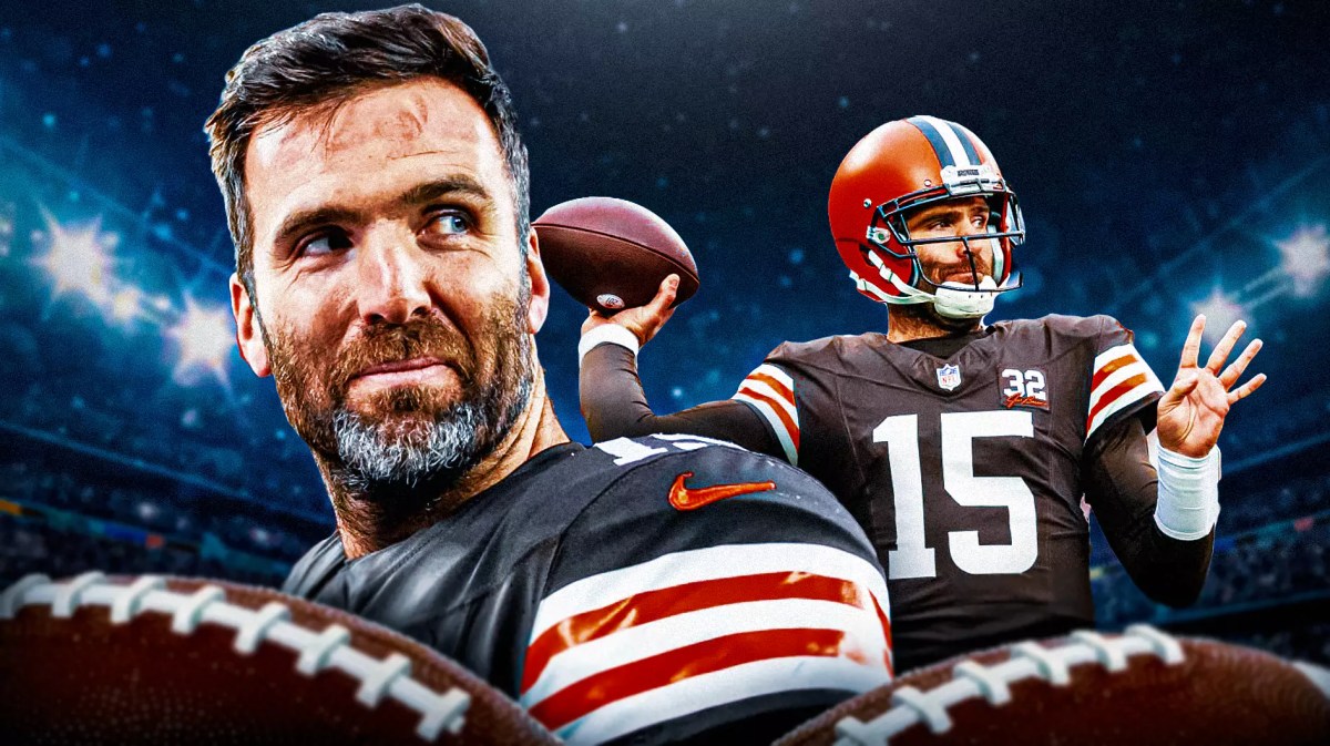 Joe Flacco looking excited in the foreground.