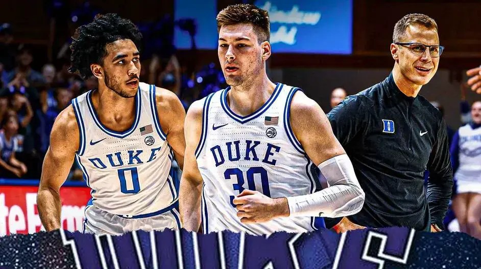 Duke basketball HC Jon Scheyer with Kyle Fililpowski and Jared McCain after win vs. Hofstra